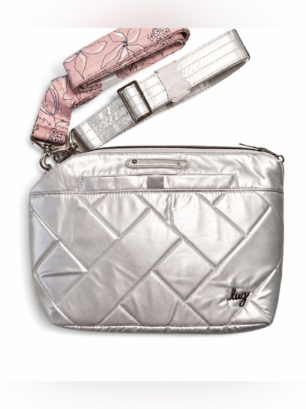 lug Silver Quilted‎ Crossbody Bag with Floral and Silver Strap Flare 2 NWT